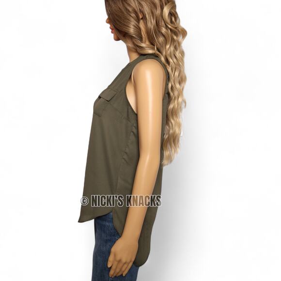 ANA Olive Green Sleeveless Chiffon Tank Top Split Neck Utility Pockets Size XS - Picture 4 of 9